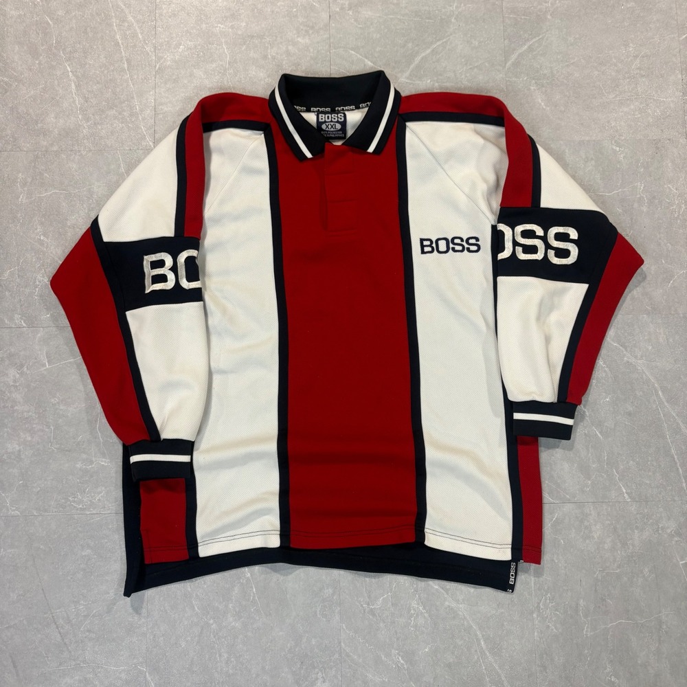 Vintage Boss Colorblock Long Sleeve Polo Shirt XXL Red White Navy Streetwear